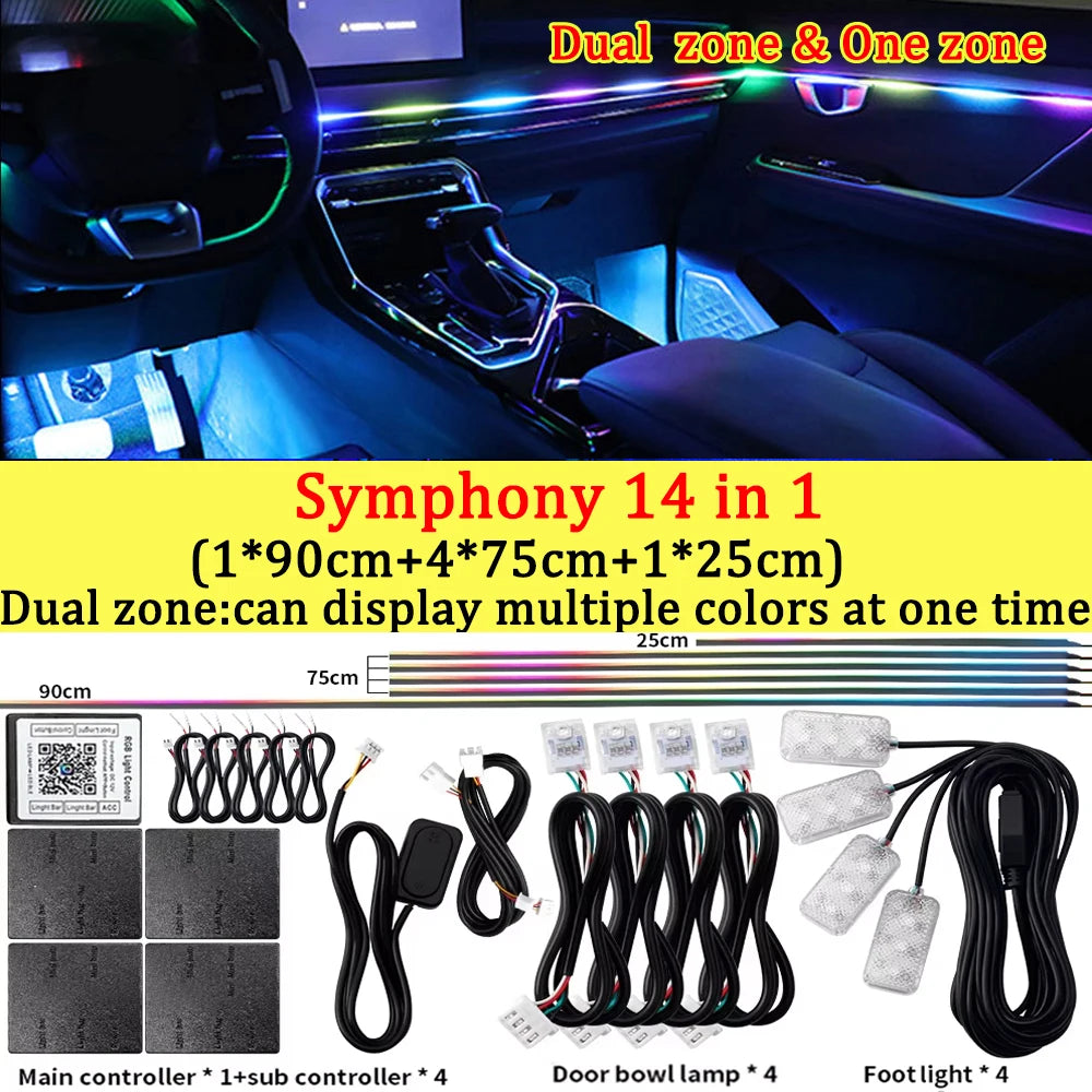 10/14/18/22 in 1 Dual Zone Hidden Acrylic RGB 64/213 Color Symphony Streamer Auto Interior Car Ambient Light Kit APP Control 12V