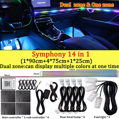 10/14/18/22 in 1 Dual Zone Hidden Acrylic RGB 64/213 Color Symphony Streamer Auto Interior Car Ambient Light Kit APP Control 12V