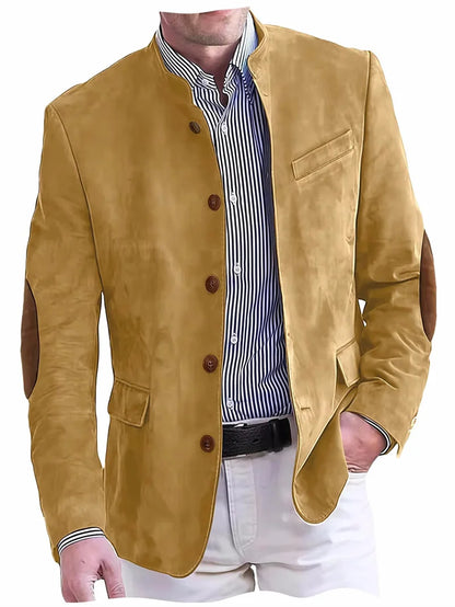 Men's Casual Blazer Flannel Suit Jacket With Elbow Patches Band Collar Brown Button Daily  Casual Slim Fit Customized Business