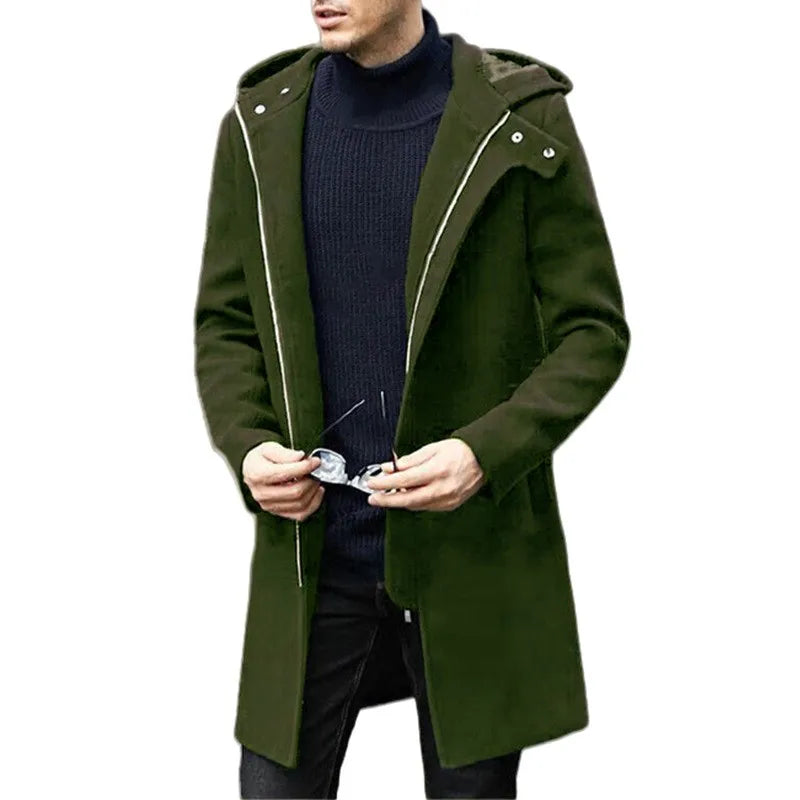 Autumn Winter Men's Woolen Coat Casual Fashion Hooded Zipper Coats Mid-length Men's Lining Clothing