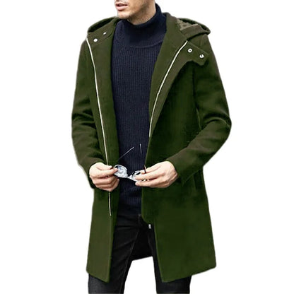 Autumn Winter Men's Woolen Coat Casual Fashion Hooded Zipper Coats Mid-length Men's Lining Clothing