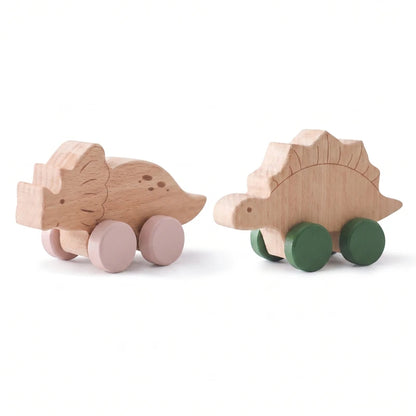 Dinosaur Cartoon Car Montessori Wooden Teether Toy for Infants Toddlers - Sensory Developmental Pretend Play Baby Teething Toy