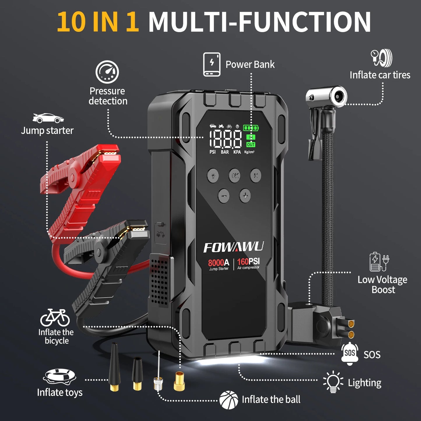 FOWAWU 8000A Jump Starter with Air Compressor, Car Battery Jumper Starter Power Bank,Cordless Auto-Shutoff Tire Inflator 160PSI