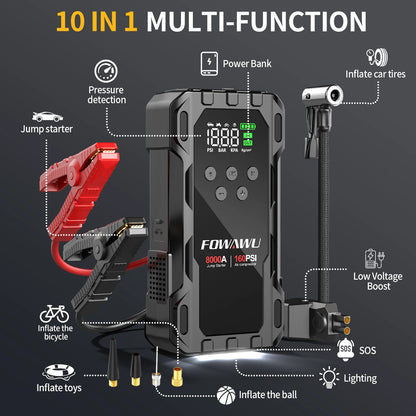 FOWAWU 8000A Jump Starter with Air Compressor, Car Battery Jumper Starter Power Bank,Cordless Auto-Shutoff Tire Inflator 160PSI