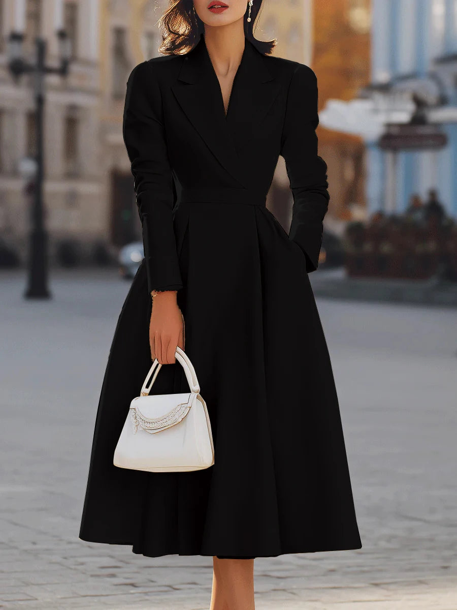 Elegant Long Sleeve V Neck Cinched Waist Pleated Midi Dress for Women Formal Business Occasions