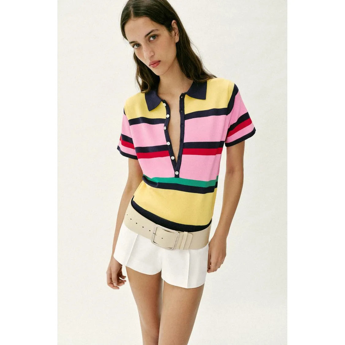 Fashionable Striped Knitted  Shirt Women's Spring Summer New Arrival Versatile Loose Fit Casual Polyester Fiber Short Sleeve