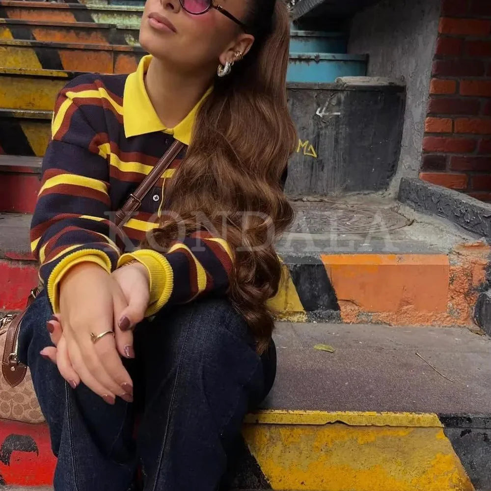 KONDALA 2025 Fall Winter Streetwear Knitted Women POLO Shirts Fashion Elegant Striped Pullover Ladies POLO Shirts