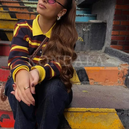 KONDALA 2025 Fall Winter Streetwear Knitted Women POLO Shirts Fashion Elegant Striped Pullover Ladies POLO Shirts