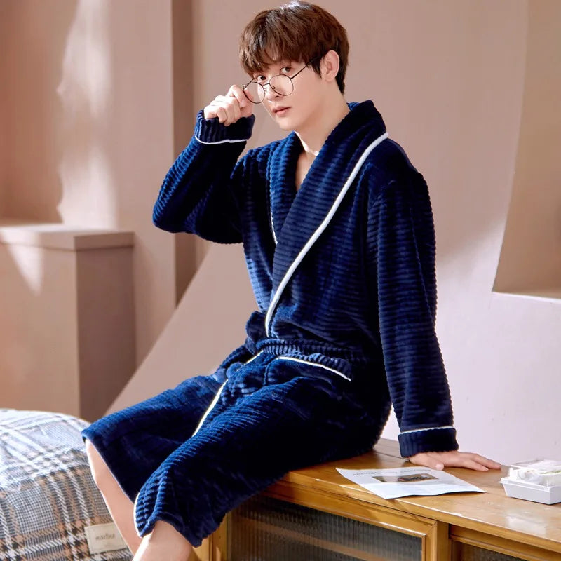 Thickened Flannel Sleepwear Coat for Men And Women Warm Winter Coral Velvet Robe Couple Home Clothes Mid-Length Bath Robe