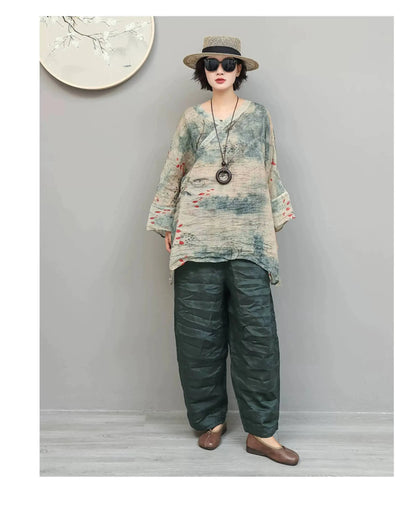 Artistic Ramie Suit Women Summer Printed Lightweight V-neck Mid-length Top + Loose Pants Two-piece Set XY307