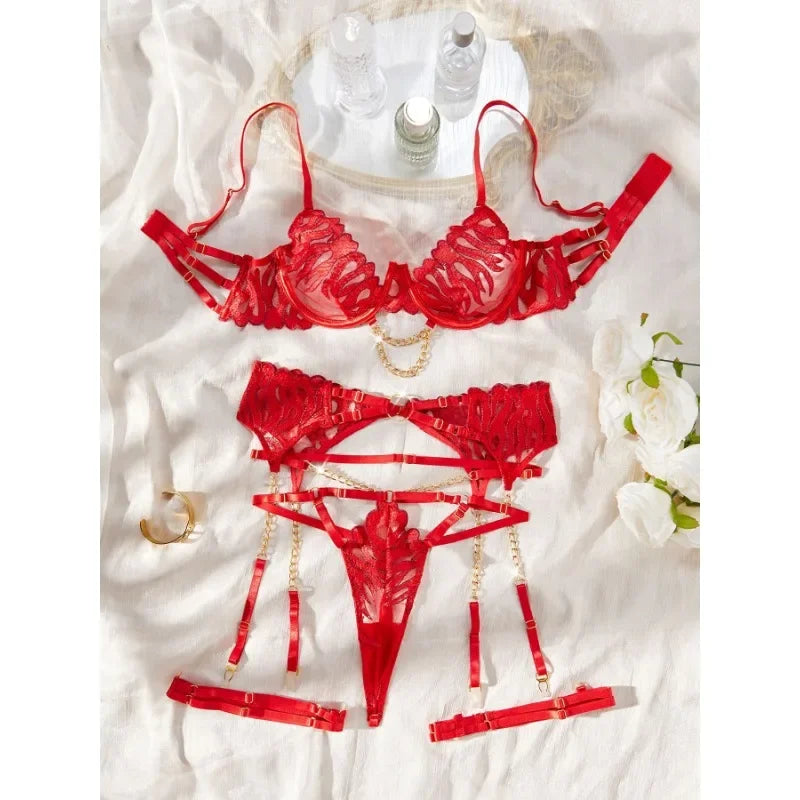 Tornova Lingerie Sexy Porn Underwear for Women Body Transparent Bra Metal Chain Lace Exotic 4-Piece Hollow Out Slim Set Bra New