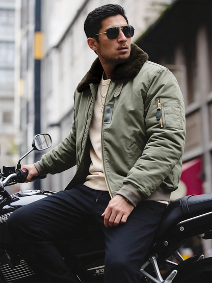 Men's B-15 Bomber Jacket Winter Warm Fur Collar Military Flight Jacket Thick 100% Cotton Motorcycle Coat Vintage Csual Outwear