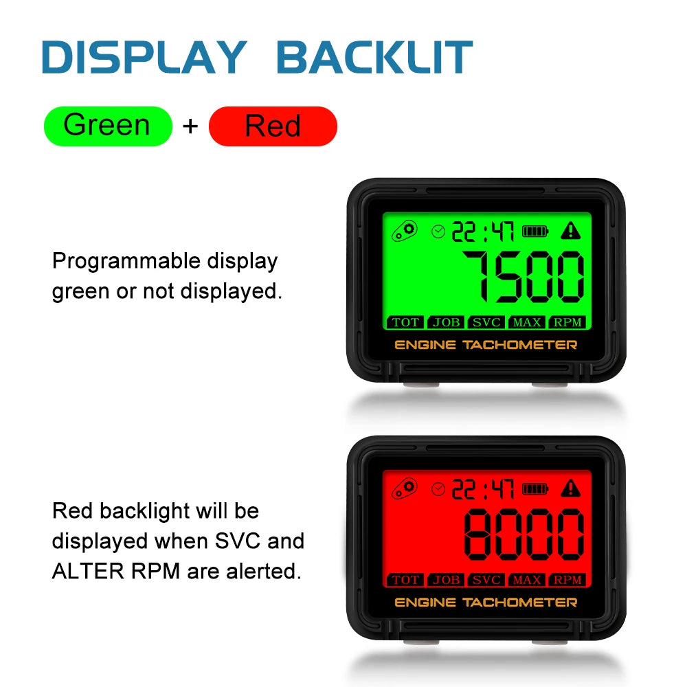 Moto Inductive Digital Tachometer SVC TOT JOB Engine Hour Meter Gauge Backlight Resettable RPM for Motorcycle Lawn Mower