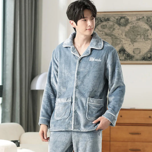 Men's Winter Thickened Fleece Pajamas Coral Velvet Home Clothes Set New Style Long Sleeve Stand Collar Couple's Outfit