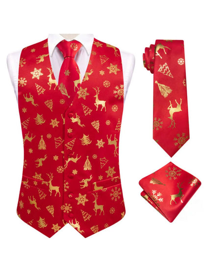 Men's Christmas Print Vest 3-Piece Set: Vest, Tie, Pocket Square, Red Blue Green Yellow for Holiday Parties