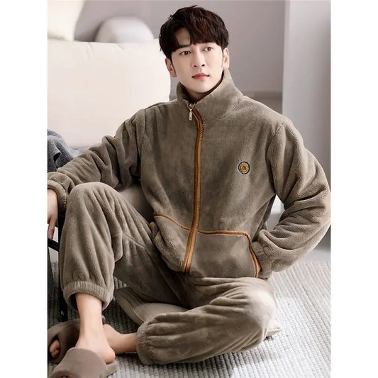 Men's Winter Sleepwear Coral Fleece Thickened Flannel Casual Long Sleeve Pajamas Large Size Home Clothes Chinese Style
