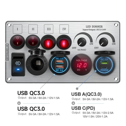 Toggle Switch Multi-Functions Silver Aluminum Panel LED Dimmer Switch 12V 24V for RV Dual Port USB QC3.0  Cigarette Lighter