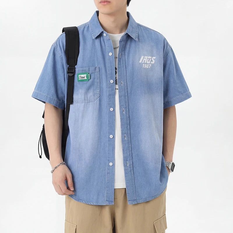 Men's Thin Denim Shirt New Summer Fashion Breathable 100% Cotton Lightweight Loose Short Sleeve Top Streetwear Daily Commute