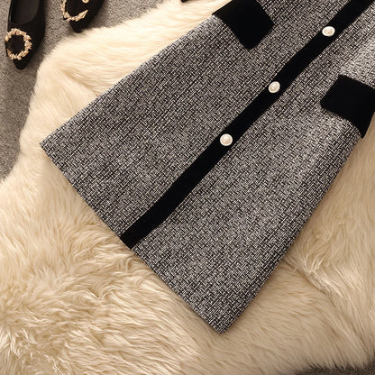 Spring Autumn Winter Tweed Color Block Vest Skirt Set  Knot Elegant Fashionable Two Piece Set Women's Luxury Style