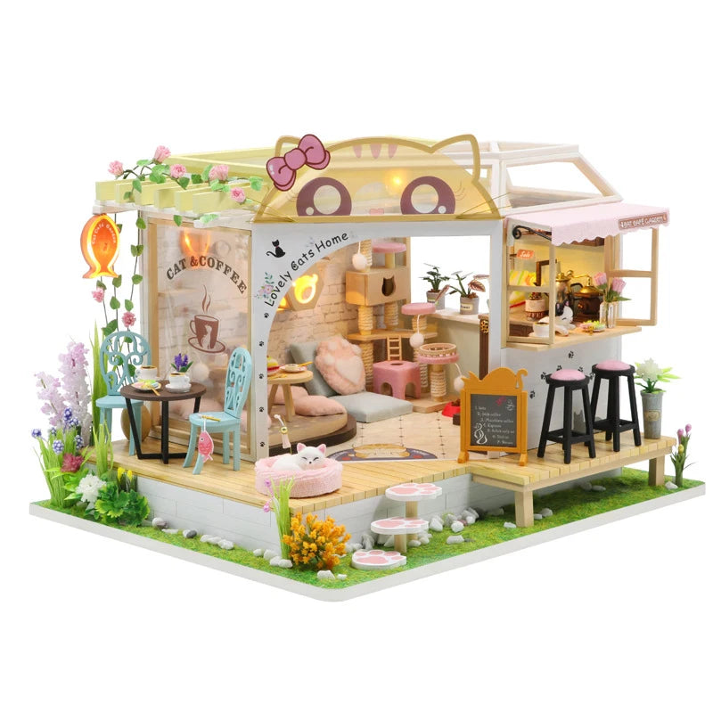 Mini DIY Wooden Doll House Cat Cafe House Making Room Toys Home Bedroom Decoration With Furniture Toy For Xmas Gifts Dollhouses
