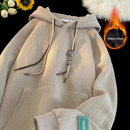 Men's Hoodie Sweatshirt Fleece Lined Thickened Loose Fit Autumn Winter New Style Casual Wear Student Large Size Hoodie