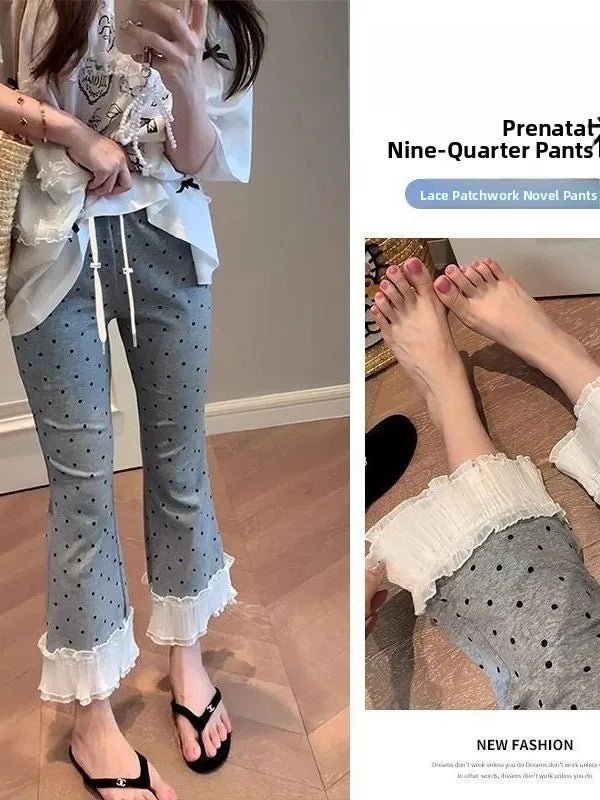 High Waist Lace Trim Bell Bottom Pants Women Summer 2026 New Style Slim Fit Small Size Nine Point Straight Micro Flared Polka...