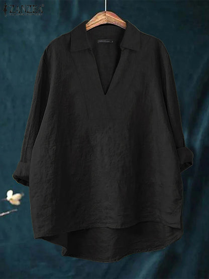 ZANZEA 2025 Autumn Women High-Low Blouses Loose V-Neck Long Sleeve Cotton Linen Fashion Blusas Mujer Everyday Casual Solid Tops