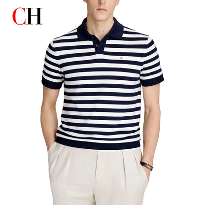 CH Men Two Tone Striped Short Sleeve Polo Shirt Distinct Tiny Brand Embroidery Left Chest Minimalist Golf Vacation Commute Wear