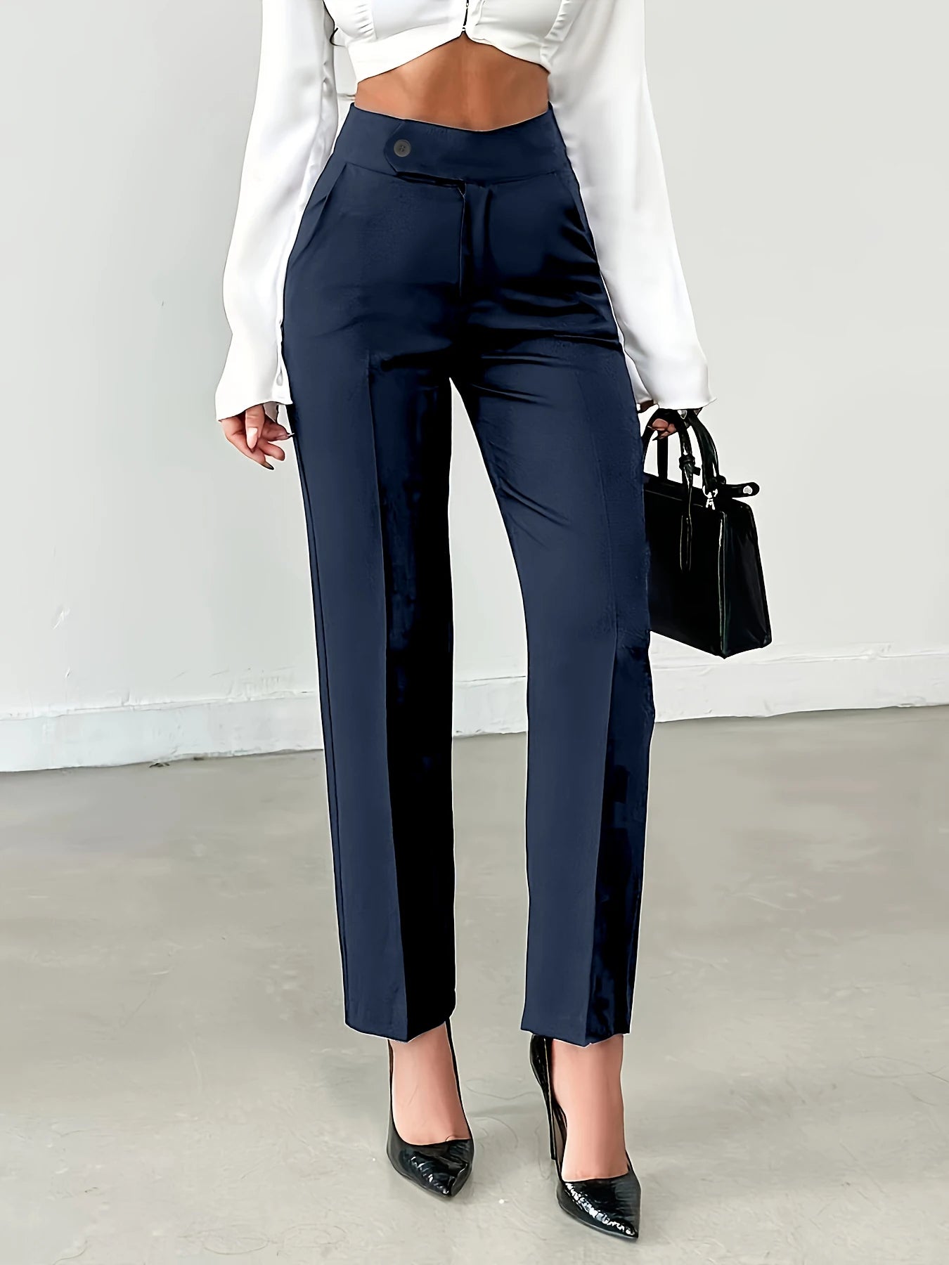 Women's Brown High Waist Straight Suit Pants | Euro Style Draped Flattering Office Work Cropped Trousers, Versatile