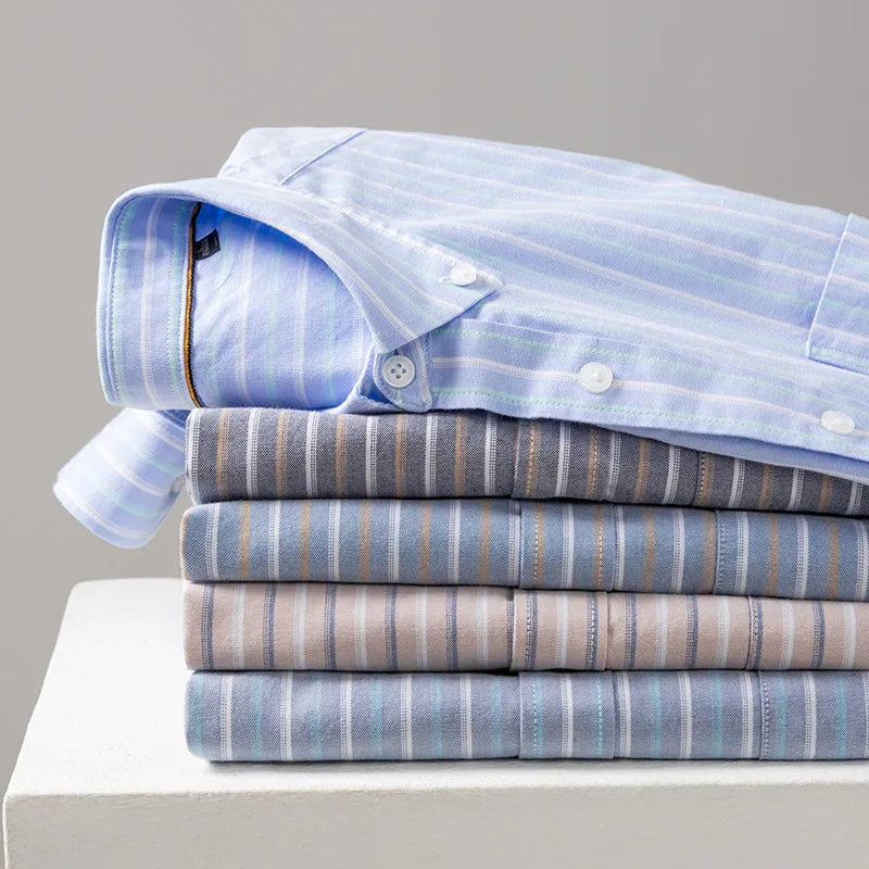 Fashion Korean Popular Clothes 100% Cotton Striped Long Sleeve Shirts for Man Casual Plain Shirt Trends Designer Tops