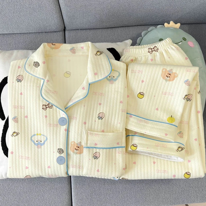 Thickened Air Cotton Sleepwear Set for Women Lazy Bear Cartoon Design Long Sleeve Long Pants Home Clothes Autumn Winter