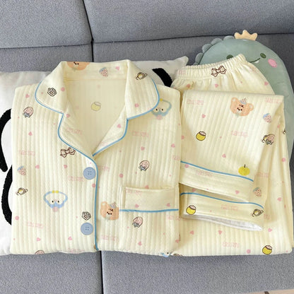 Thickened Air Cotton Sleepwear Set for Women Lazy Bear Cartoon Design Long Sleeve Long Pants Home Clothes Autumn Winter