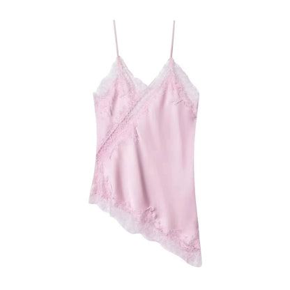 HH Women Elegant Polka Dot Lace Slip Tops Asymmetrical Hem Tanks Camis Summer Lady Sexy Lace Splicing Club Party Tops Camisole