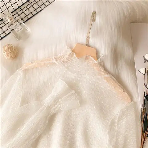 Women's Lace Base Shirt Long Sleeve High Collar Mesh Top 2023 Autumn Fashion Transparent Thin Film Inner Wear Versatile Slim Fit