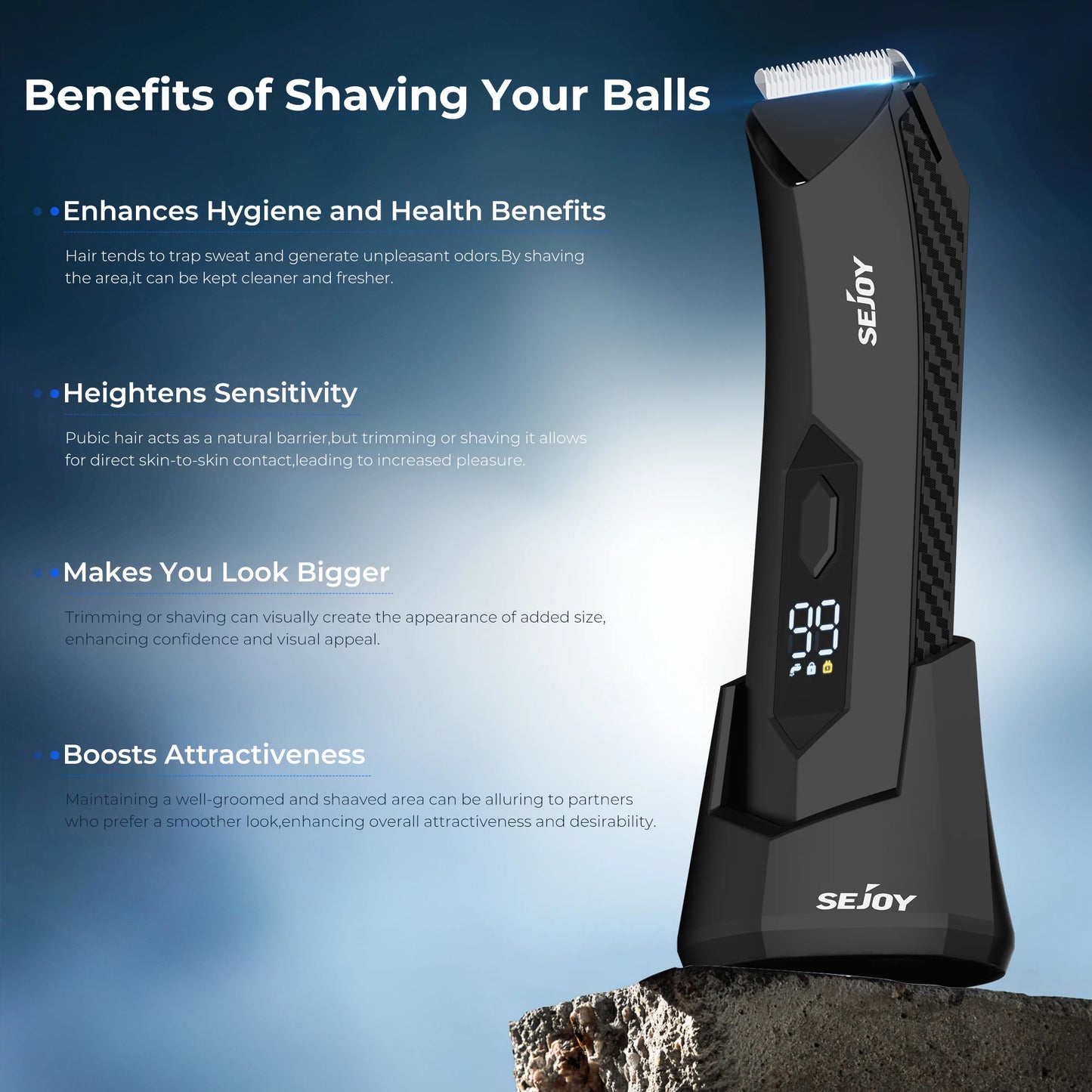 Sejoy T8S Body Hair Trimmer for Men Ball Trimmer for Groin Pubic Replaceable Ceramic Blade Electric Shaver IPX7 Waterproof