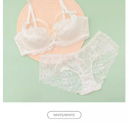 BANERDANNI French Lace Bralette Set Breathable Non-Padded Bra for Petite Sheer Floral Lingerie Wireless Comfort Anti-Gap Design
