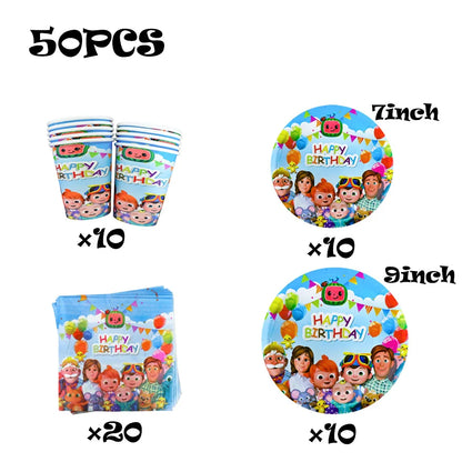 Cocomelon Birthday Party Decoration Tableware Set Birthday Cup Plate Napkin Tablecloth Cake Topper Balloon Party Favors Gifts