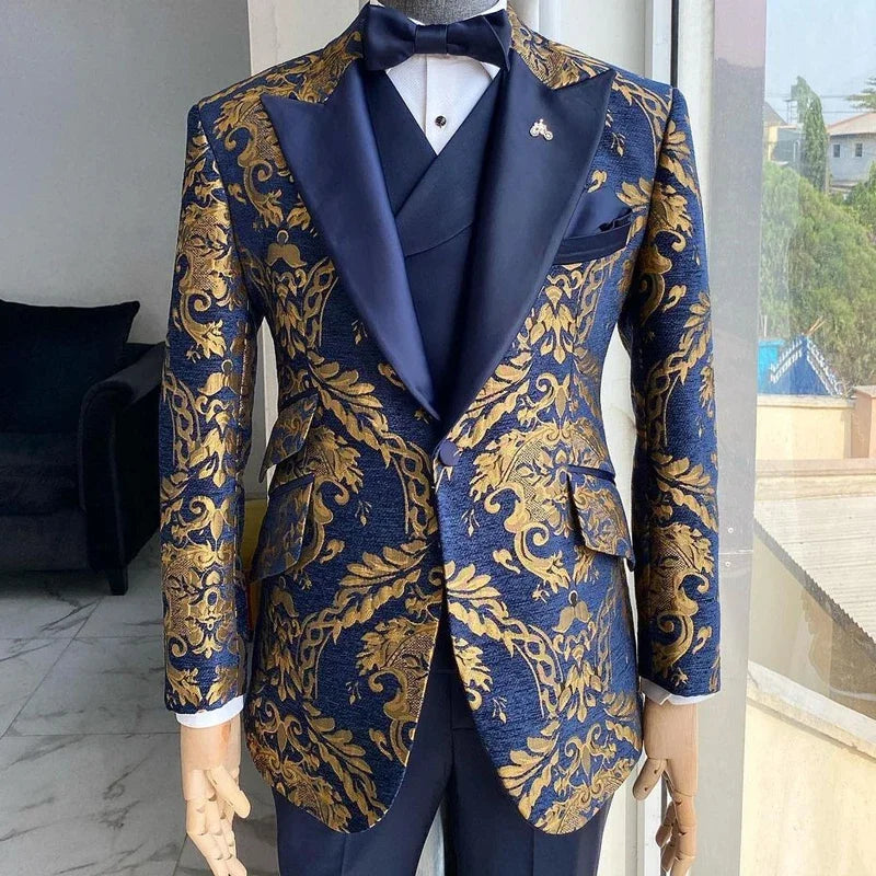 Jacquard Floral Tuxedo Suits for Men Wedding Slim Fit Navy Blue and Gold Gentleman Male Costume Suit Set