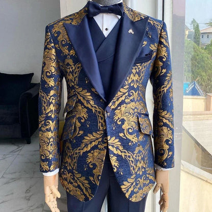 Jacquard Floral Tuxedo Suits for Men Wedding Slim Fit Navy Blue and Gold Gentleman Male Costume Suit Set