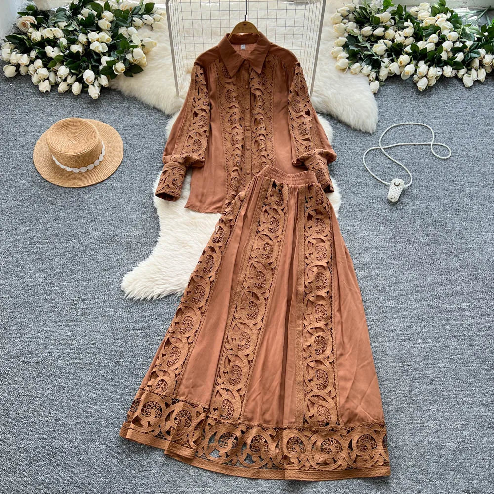 Elegant Lace Hollow out Long Sleeve Shirt And High Waist Half Skirt Two Piece Set for Women Fashionable And Stylish Ensemble