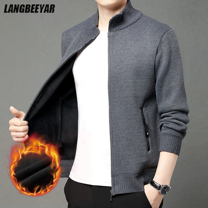 Premium Thick Korean Fleece Warm New Brand Casual Fashion Stand Collar Men Zipper Jacket Slim Fit Autumn Winter Coats