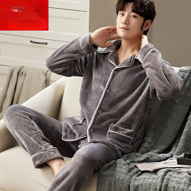 Pajama Sets Flannel Pajamas Men's Winter Thickening Warm Suit Long-sleeved Loose Home Clothes Autumn Cardigan