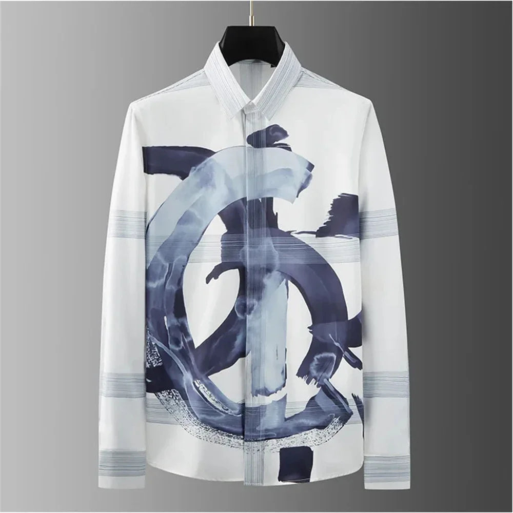 2025 Luxury letter-printed shirt for men, long-sleeved, fitted casual shirt, high-quality, fashionable, oversized men's clothing