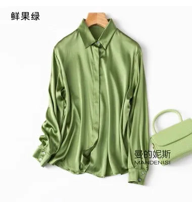 Luxury Satin silk shirt women's long sleeve 93% mulberry silk shirt commuter office lady style for Spring/Summer