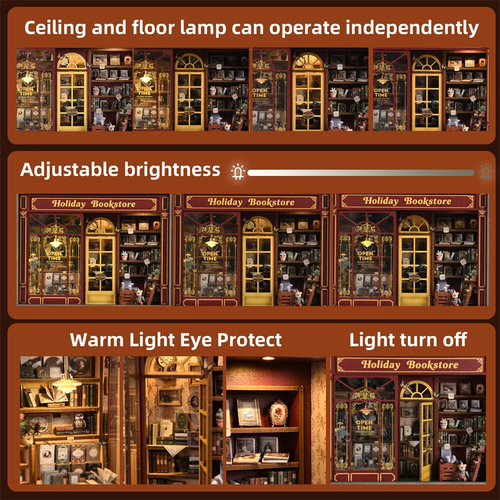 Book Nook Kit Holiday Bookstore DIY 3D Wooden Puzzle Dollhouse Photo Frame Ornament Model Bookend Building Home Decoration