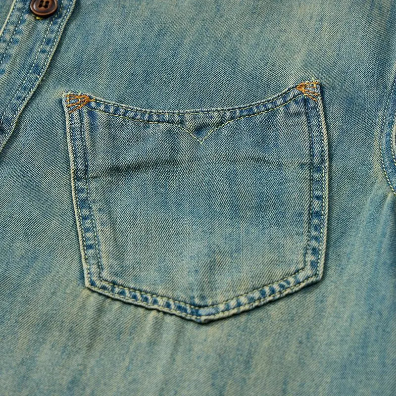 Men Summer Denim Thin Shirt Short Sleeve Soft Cotton Pockets Slim Slight Elastic Jeans Cowboy Shirt Clothing 2025 Vintage Loose