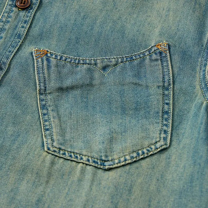 Men Summer Denim Thin Shirt Short Sleeve Soft Cotton Pockets Slim Slight Elastic Jeans Cowboy Shirt Clothing 2025 Vintage Loose