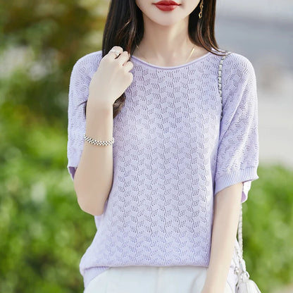 100% cotton ladies spring and summer comfortable round neck advanced design half sleeve pullover short sleeve blouse.