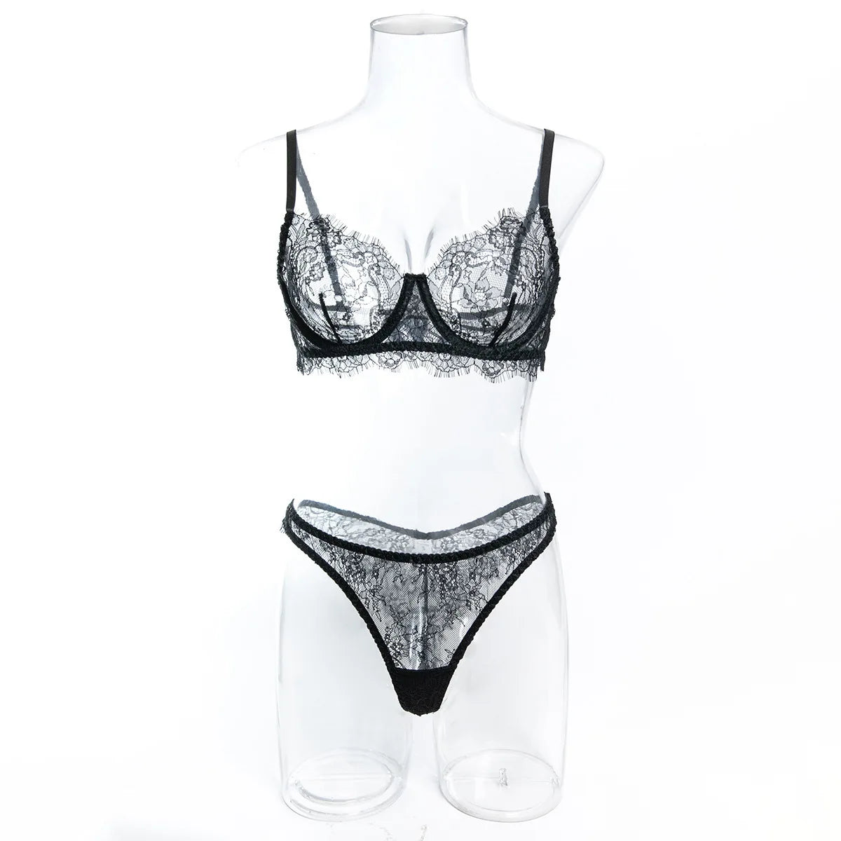 Ellolace Solid Women's Lingerie Sets Elegant Eyelash Lace Bra Panty 2PC Seductive See Through Intimate Willowy Sexy Underwear