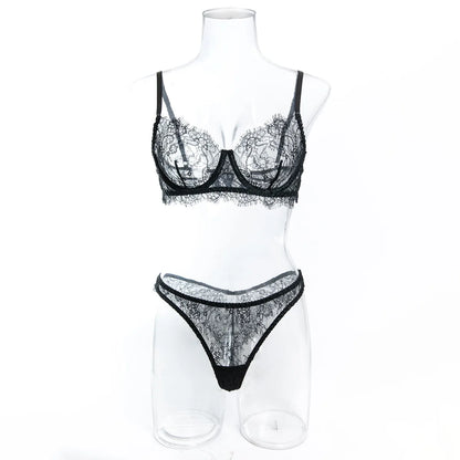 Ellolace Solid Women's Lingerie Sets Elegant Eyelash Lace Bra Panty 2PC Seductive See Through Intimate Willowy Sexy Underwear